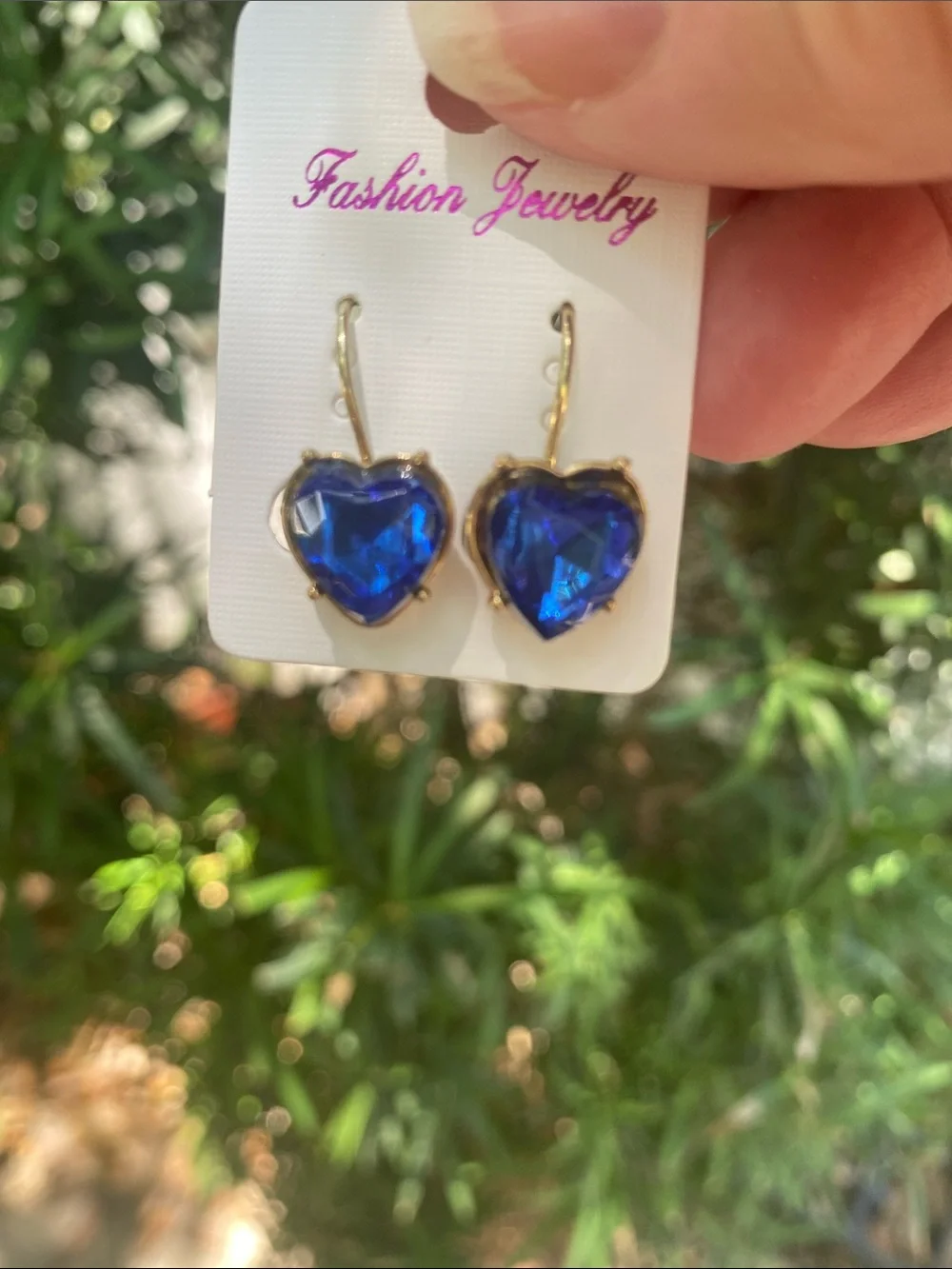 Fashion Jewelry Royal Blue Heart Dangle Earrings - Gold Tone